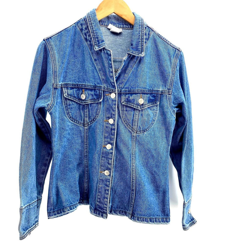 MODA INTL Denim Fitted Jean Jacket Button Front Wide Cuff Classic Women Sz S Y2K - Picture 2 of 5